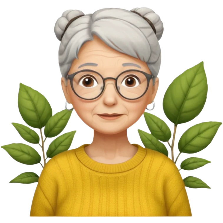 Abuela con arrugas, cabello canoso blanco en moño, expresión tierna, gafas redondas, suéter amarillo y detalles relacionados con plantas. Estilo amable y acogedor. emoji