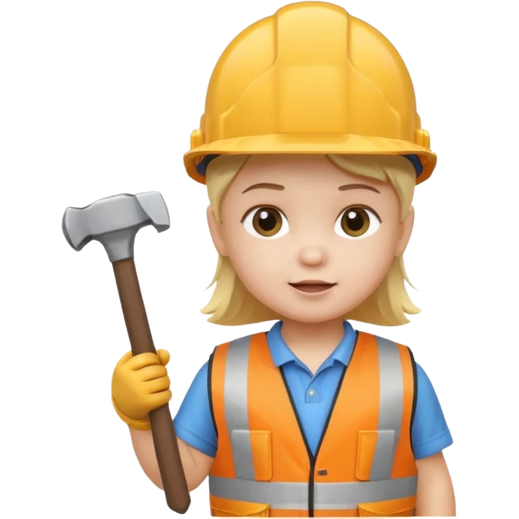 toddler wearing oversized construction helmet and safety vest holding tiny hammer, 3D emoji style emoji