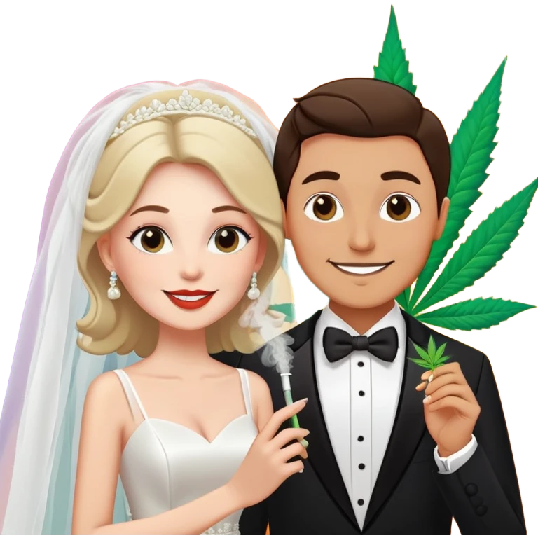 Bride in white dress and groom in tuxedo sharing a cannabis joint, cheerful cartoon wedding couple with vibrant colorful background emoji