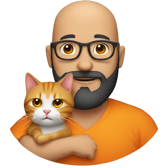 A bald man with a big orange beard holding a cat emoji