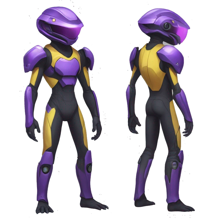 a shiny black-purple-yellow Genesect-Raptor-Fakémon—hybrid with a futuristic visor-helmet full bod emoji