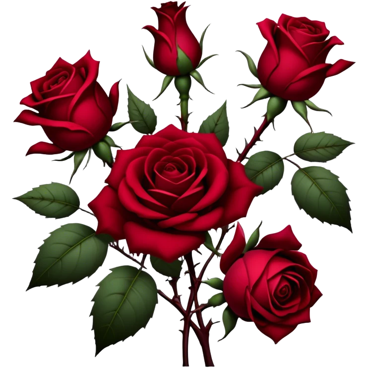 A hauntingly beautiful scene of deep red Gothic roses, their velvety petals unfolding in shades of ruby, burgundy, and scarlet. Dark thorns twist around them, emerging from the shadows like a forbidden love story. emoji