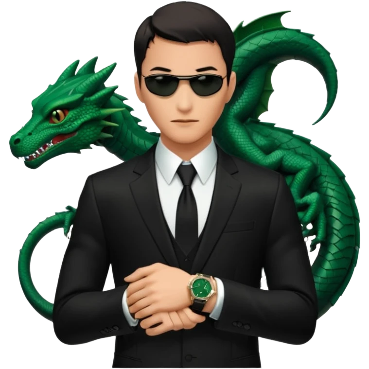 mysterious scenery: green audemars piguet watch (without text), black bugatti, and a dark green dragon, and a mysterious agent from The Matrix with his eyes censored emoji