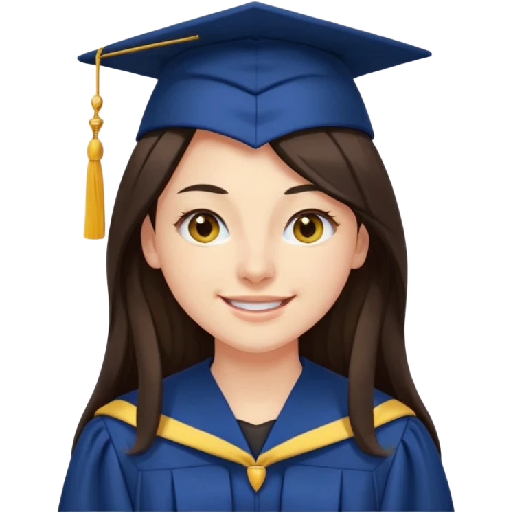 带着学士帽的，深棕色长发，黄种偏白皮肤的，高鼻梁，不戴眼镜的女博士生，在单只眼眨眼并开朗的笑，年龄26岁，学士服是深蓝色和黑领子， emoji
