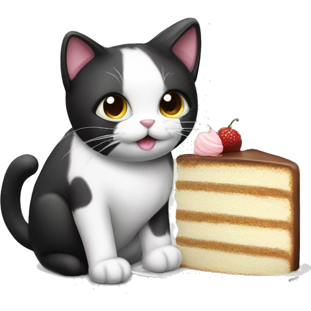 Black and white Cat eating a cake emoji