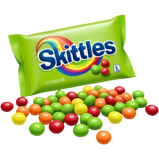 Regular rainbow-colored Skittles package with the standard logo and design, but only lime green Skittles candies spilling out emoji