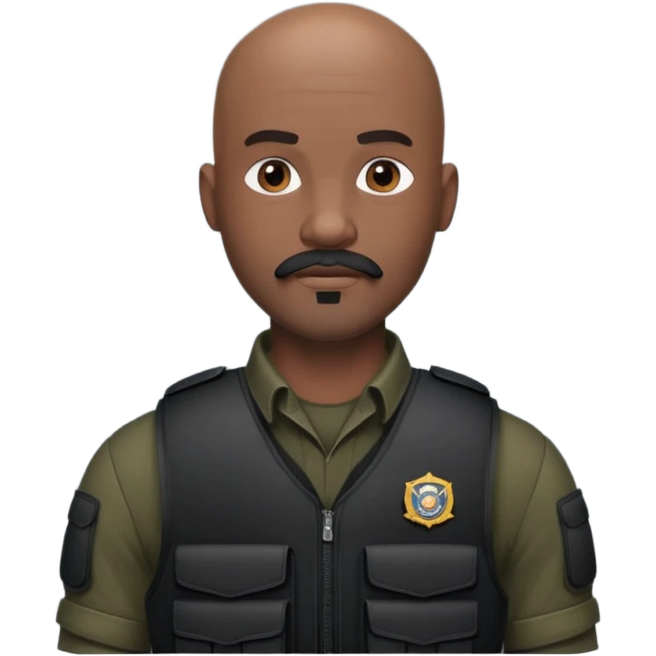 black soldier bald head, short beard that connects seamlessly to his mustache,  in black bulletproof vest emoji