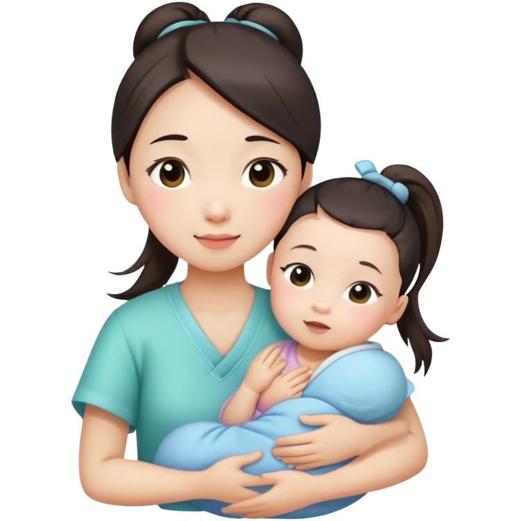 Ponytail chinese girl hugs a newborn baby and a girl emoji