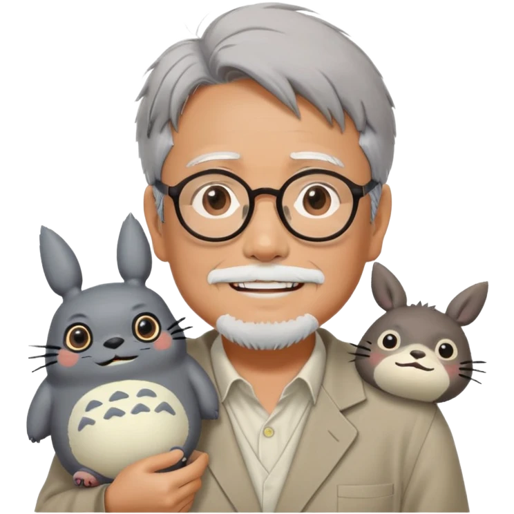 _cinematic-realistic-portrait-of-hayao-miyazaki,-depicted-with--large-rectangular-glasses,-his-happy-expression-rendered-in-lifelike-detail,-illuminated-with-soft,-realistic-lighting-that-emphasizes-his-creative-genius, with totoro sitting on this shoulder  emoji