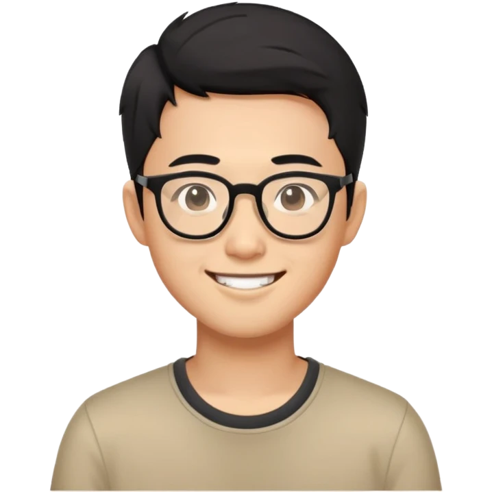 Asian man with short black hair, glasses, friendly smile, Josh Lim character emoji
