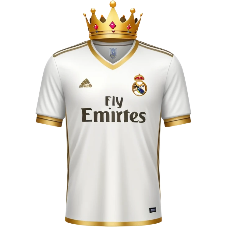 Real Madrid inspired white jersey with gold trim and a small crown emoji