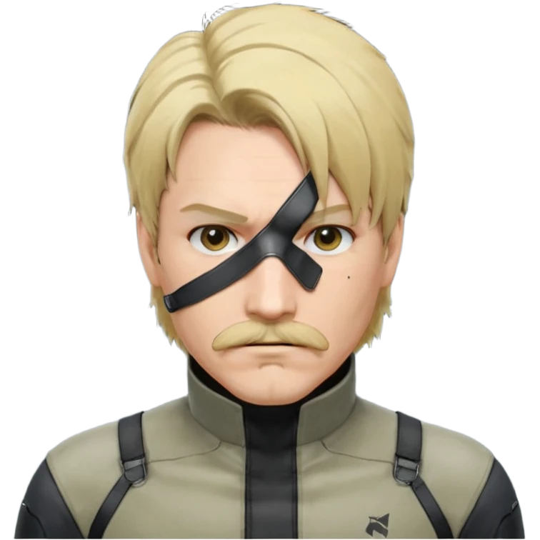 Style : Manga détaillé façon Metal Gear Solid — lignes nettes, ombres douces, couleurs vives. Personnage : cache-œil noir à gauche, cheveux blonds mi-courts avec côtés foncés, yeux marron, moustache fine, sweat clair.  emoji