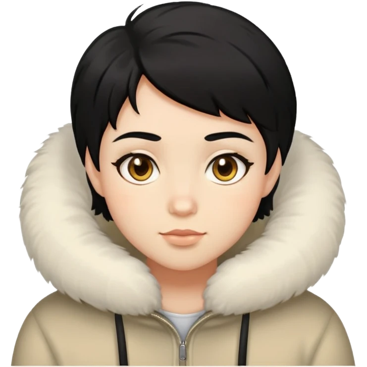 Dark short black hair with light skin and hazel eyes with fluffy cheeks emoji