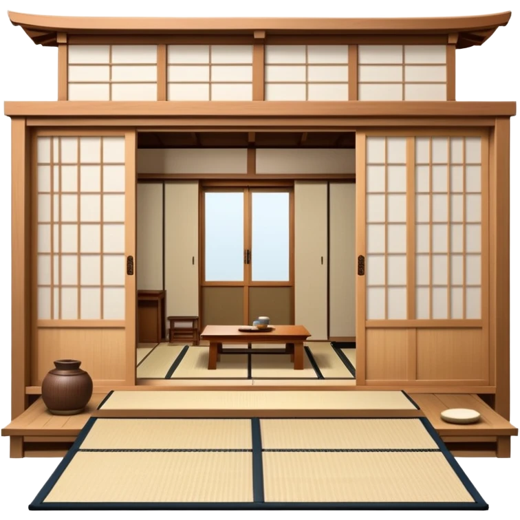traditional Japanese house with wooden structure, sliding shoji doors, and tatami mat flooring emoji