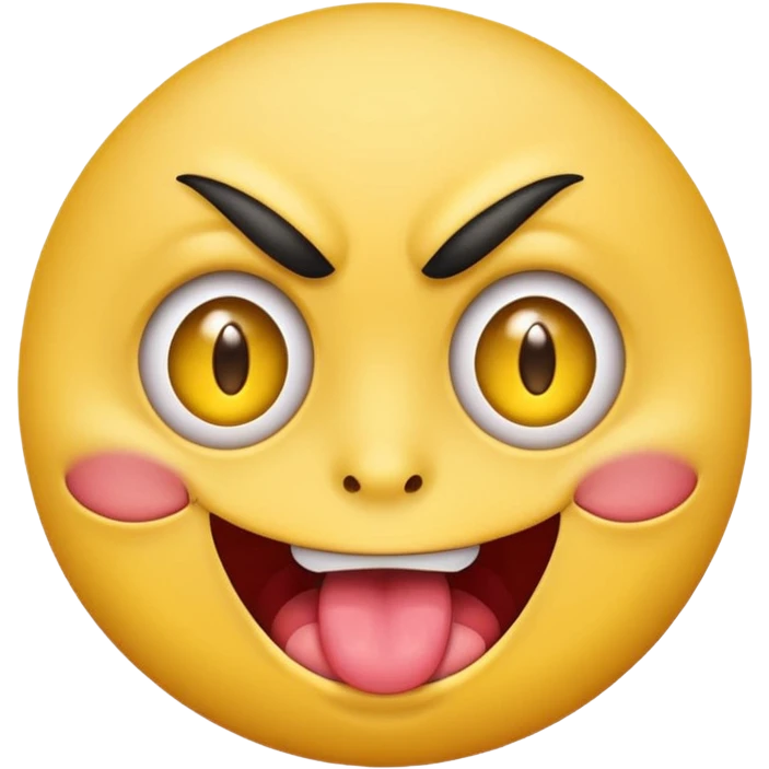 A yellow round face emoji smirking with its tounge out but the eyes are evil and kind of crazy and only one eyebrow is raised higher than the other emoji