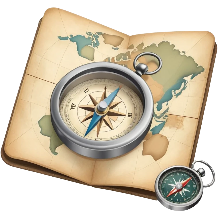 Folded travel map and compass with muted colors, not vibrant emoji