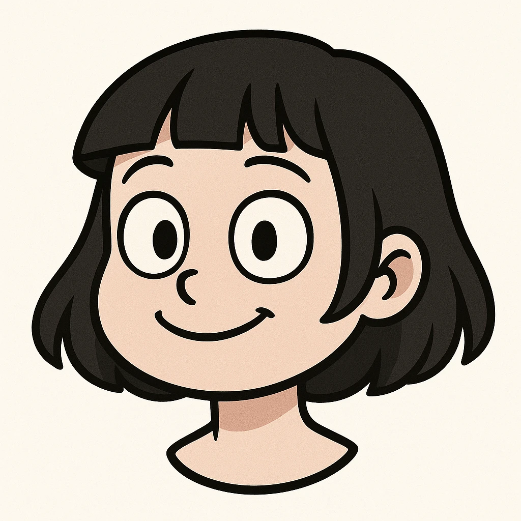 young girl with pale skin, black bob haircut, cartoon features, big simple eyes, simple smile, minimal details, Telegram sticker style, head only without neck, white background emoji