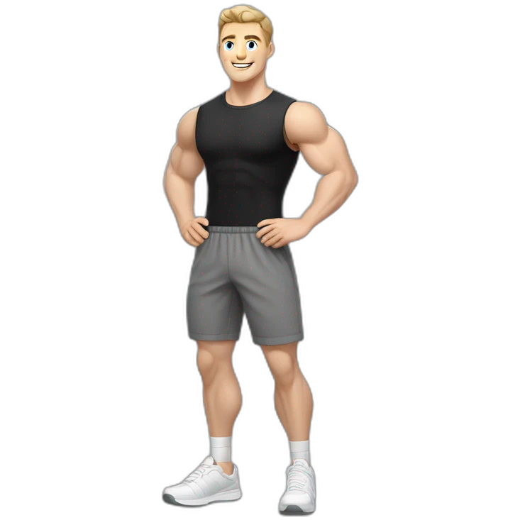 Joyful Pale skinned Fit Man With the biceps and dark brown hair in black shirt, gray sports shorts and white Sneakers emoji