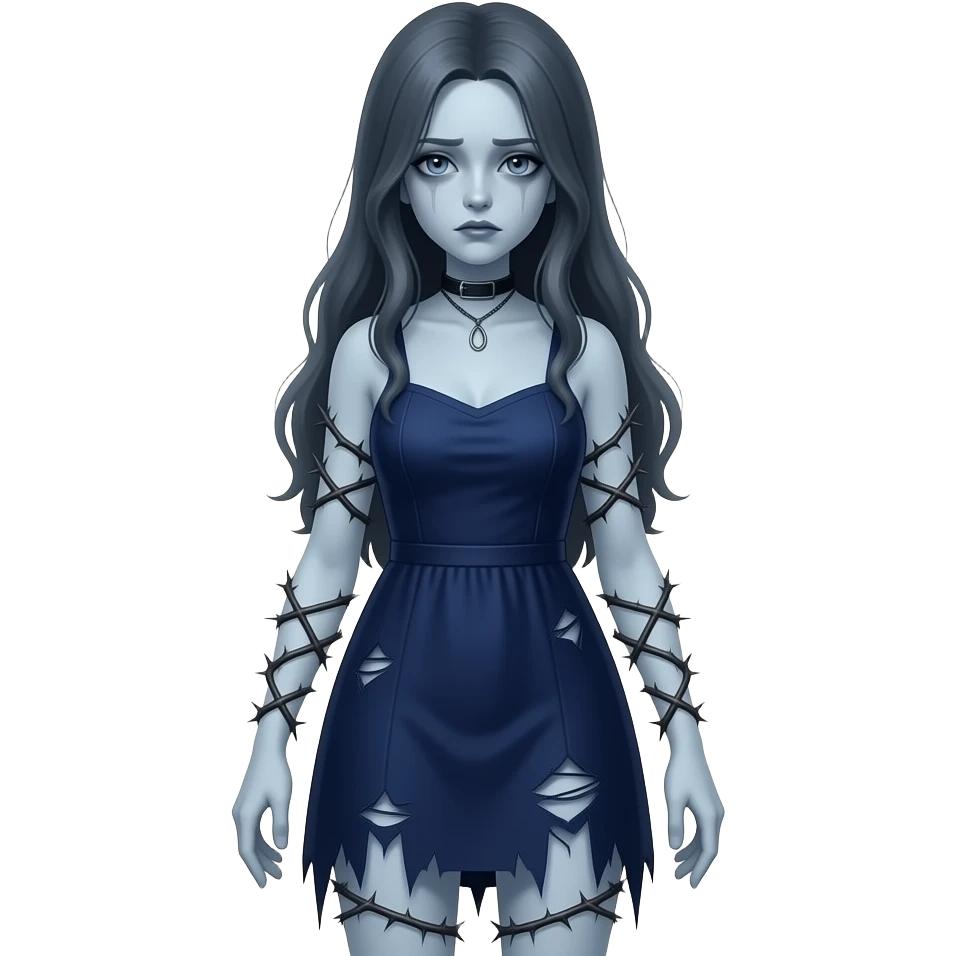 Gloomy ghostly fair lady with long ragged torn tattered navy blue dress, thorns across arms and legs, depressed grey blue emoji