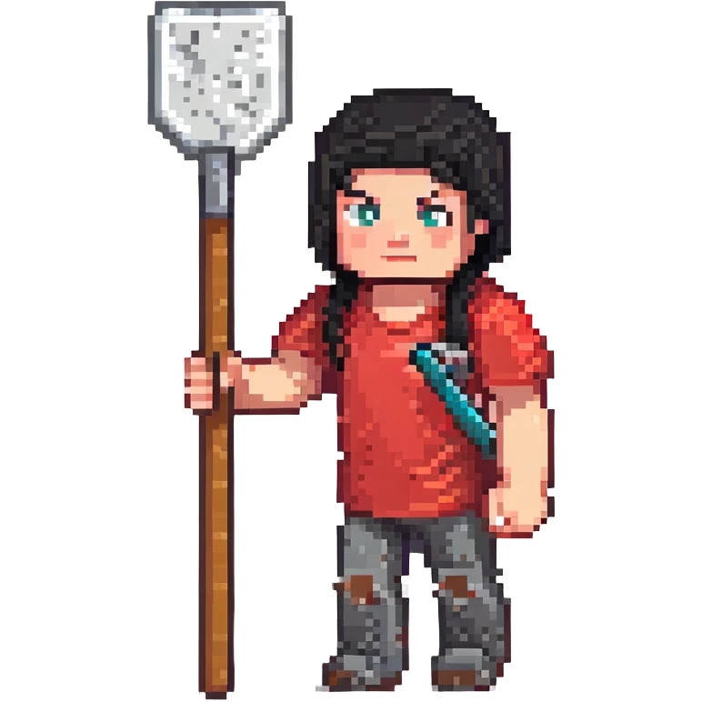Minecraft character, pixel art style, blocky figure with black hair and red shirt, holding a shovel emoji