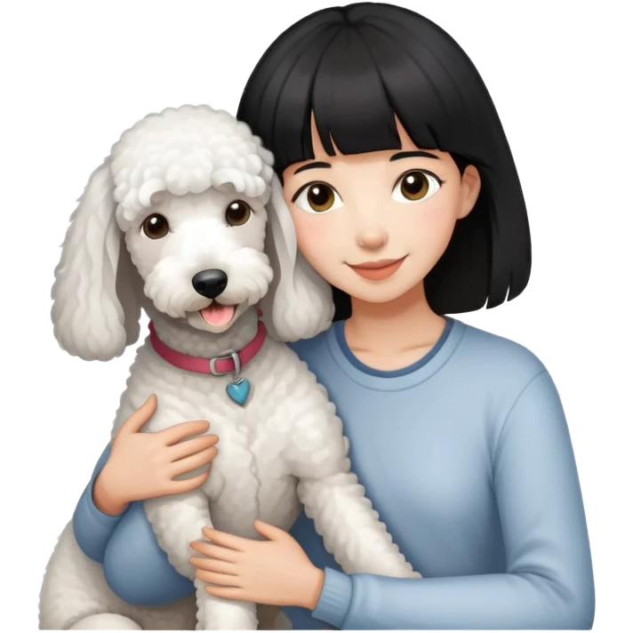 A girl with short black hair and bangs happily hugs a white Bedlington terrier emoji
