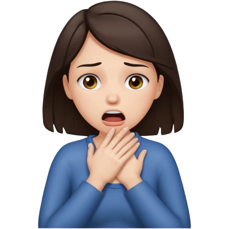 a brunette woman choking herself with her bare hands emoji