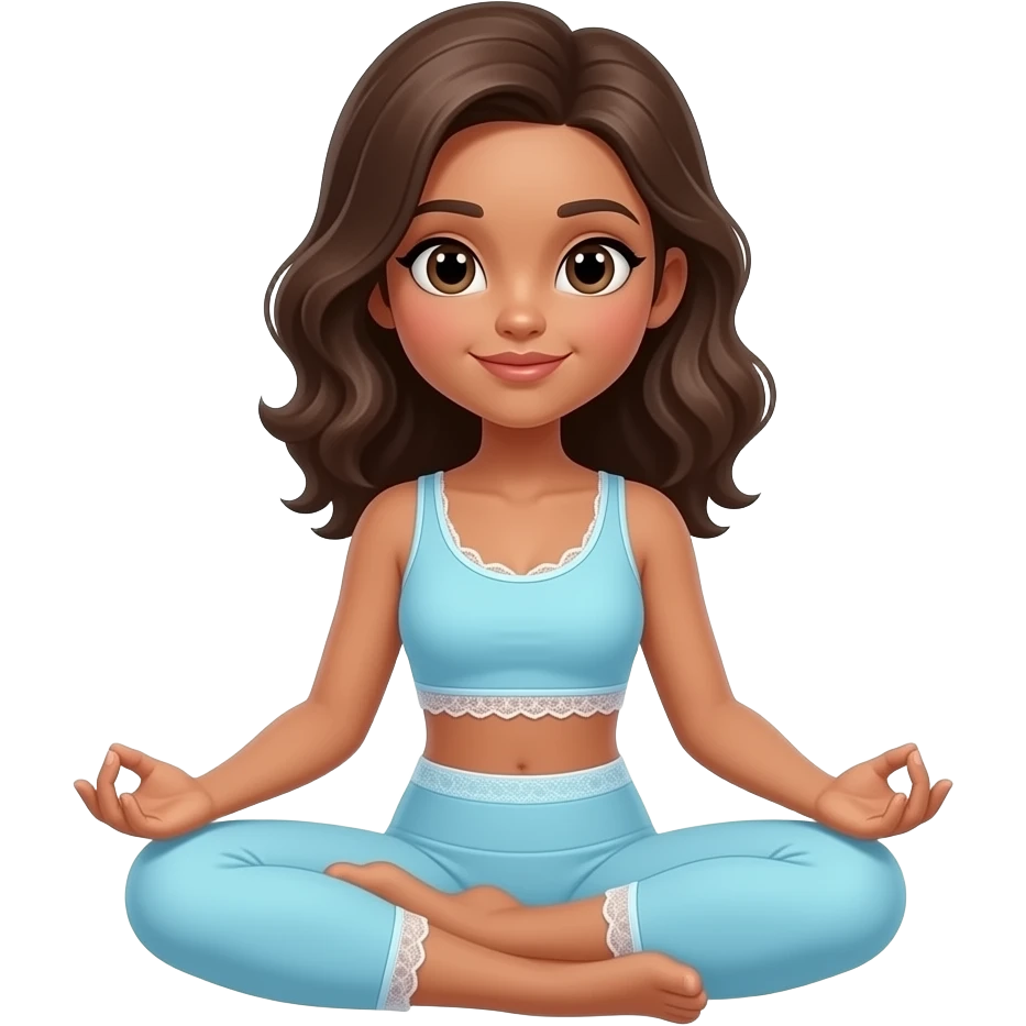 hourglass body brunette with olive skin tone in tree pose wearing pastel blue active set that has pretty lace trims emoji