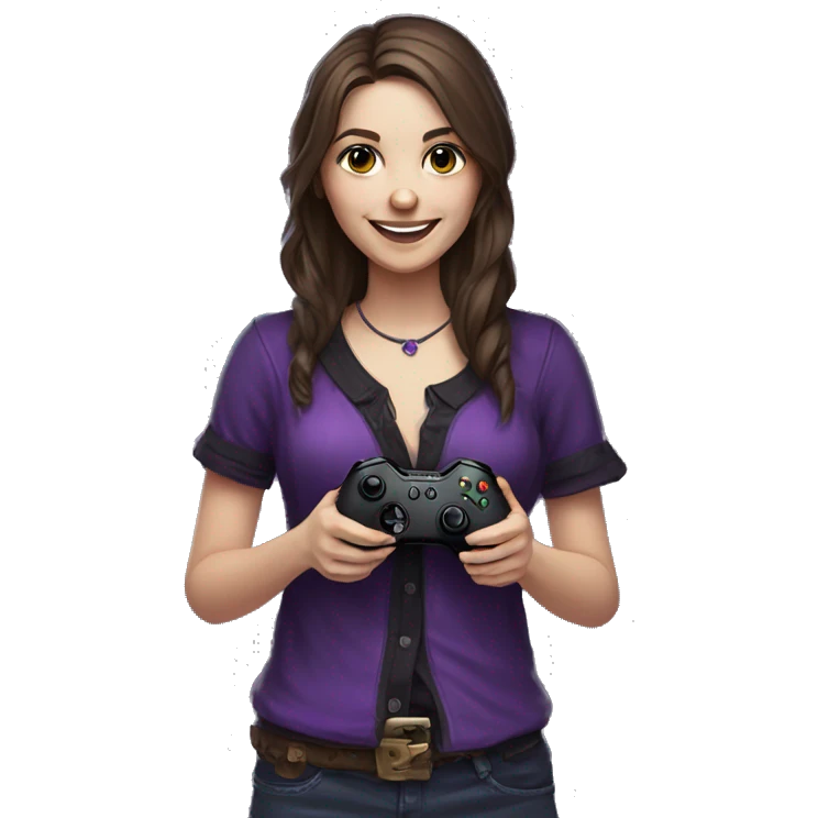Brown haired gothic country gaming girl smiling holding a purple Xbox controller emoji