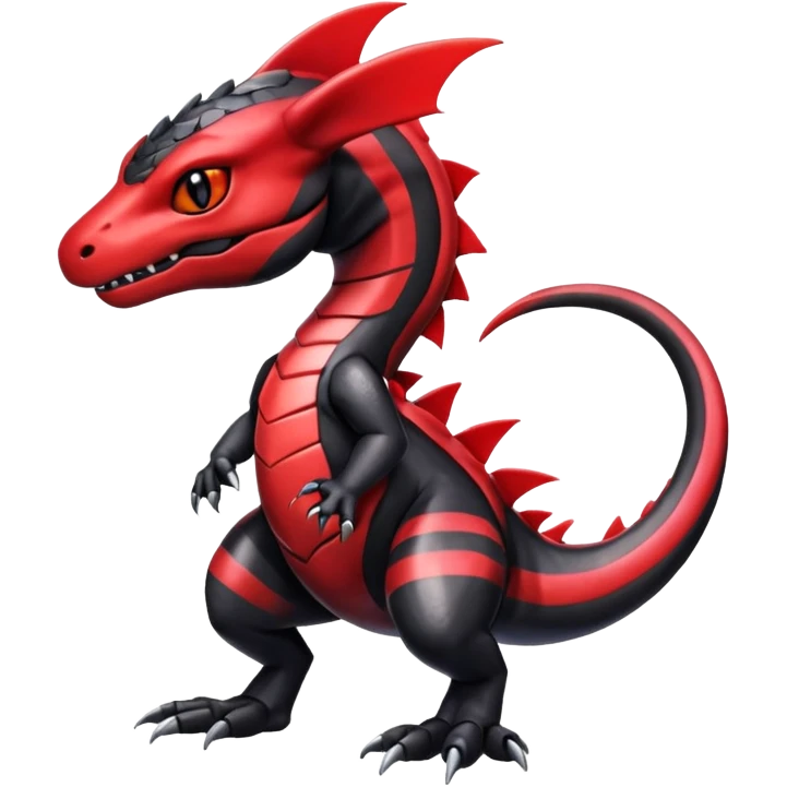 Cute Shiny striped black and red iridescent Guilmon-Salandit-Fakémon-hybrid-creature (full body)  emoji