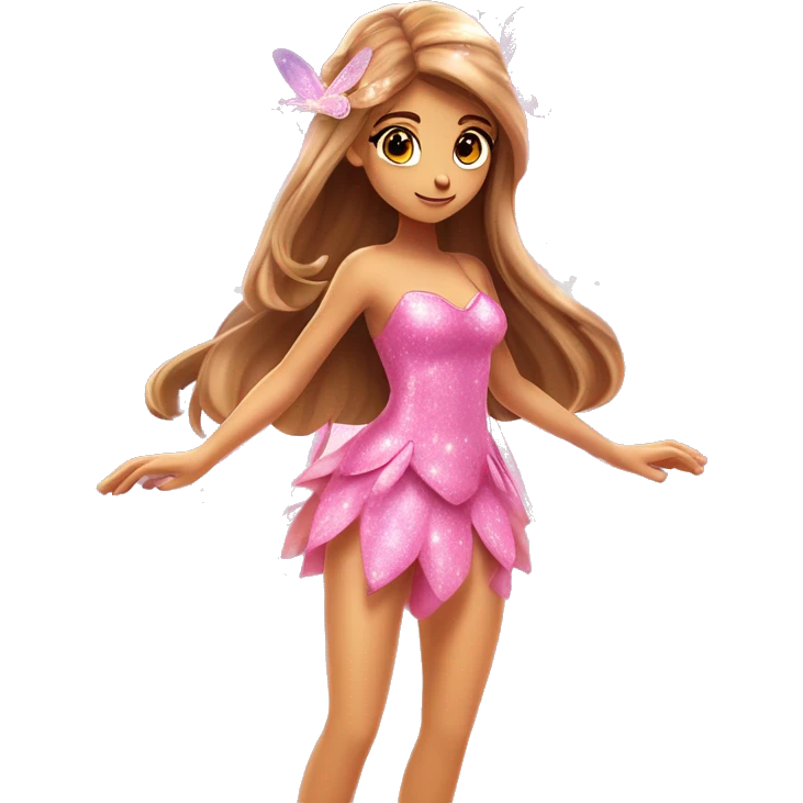 Flora the adult latina fairy of nature in her enchantix fairy pink clothing and fairy enchantix wings and long light brown hair from winx club. Small eyes, Lots of sparkles and fairydust. Full body and full fairy bliss emoji