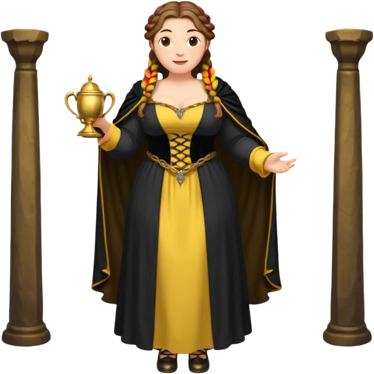 Helga Hufflepuff,brown-haired,2 braids,yellow-black medieval open dress,deep neckline,fat macromastia,black cloak decorated with gold braiding,gold cup with two handles,very kind smile,curvy busty sweet woman,round rosy cheeks,full length with medieval shoes emoji