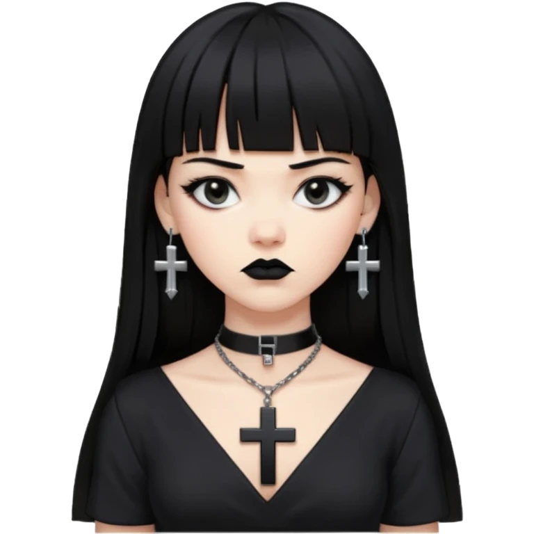 vampira parda com cabelo preto longo e liso e franja, olhos pretos, brincos em formato de cruz, choker em formato de cruz, roupa preta com decote, batom preto e séria emoji