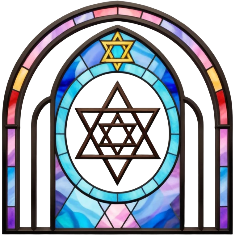 jewish synagogue temple in dark goth aesthetic style with black building and very light tint rainbow stained glass windows. and star of david and celestial symbolism emoji