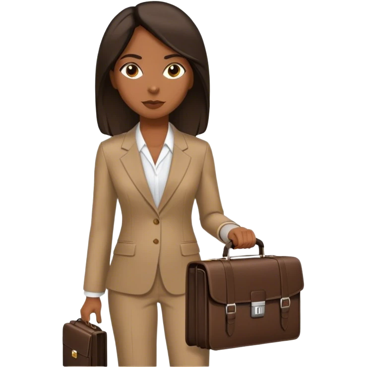 dark brown woman with dark brown shoulder length straight hair in an executive tan suit carrying one briefcase emoji