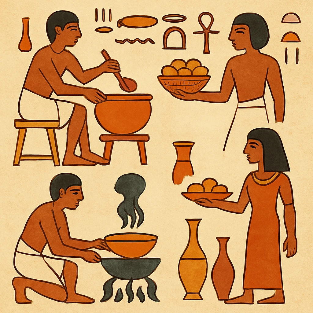 ancient Egyptian cooking scene in hieroglyphic style emoji