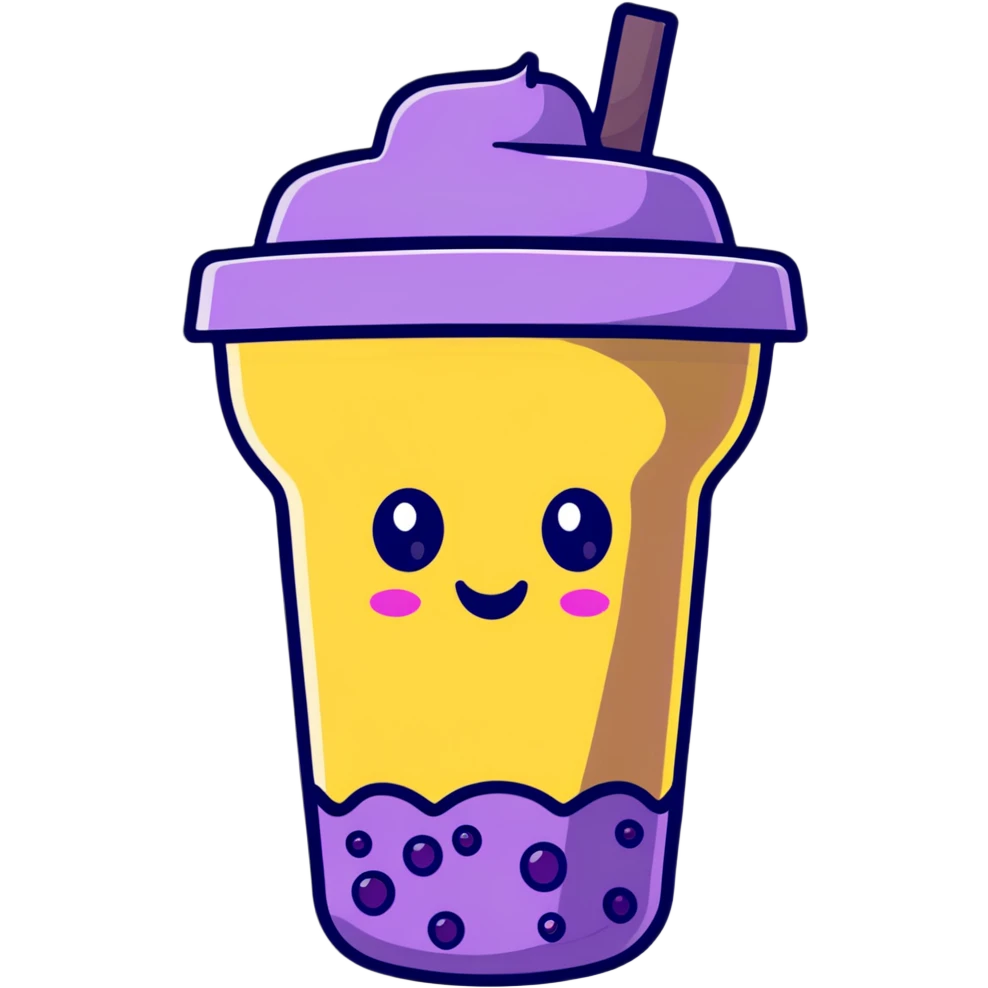 Purple bubble tea cup with a cute face and black tapioca pearls inside emoji