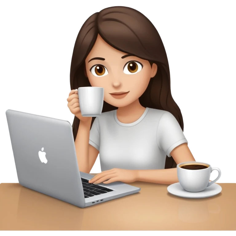 white brunette girl with laptop and coffee sitting at desk emoji