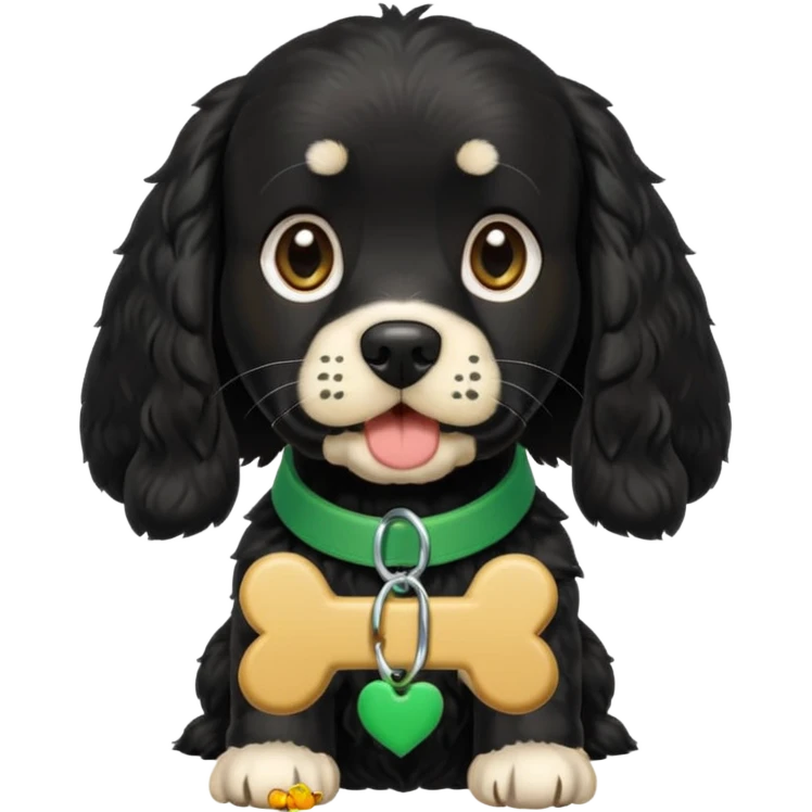 Black cocker with green collar and bone tag with FRANKIE written on it emoji