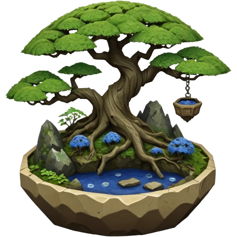 Alien spacecraft hanging-jungle vines mountain-island landscape mudman very old broken cracked intricate Stone Age rocky-crusted irregular dodecagon-shaped shallow dark moss rough bark blue willow flowered maple tree bonsai pot emoji