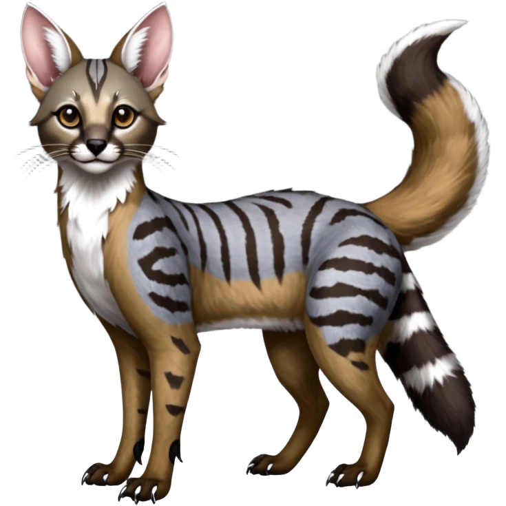 Realistic patterned marked edgy greyish blackish whitish silvery coppery Shiny Colorful Glossy Genet-Caracal-Cabbit-Lion-Bobcat-fusion-animal-hybrid-creature, full body, big-tufted-bat-ears, long-thin-tufted-white-tipped-tail emoji
