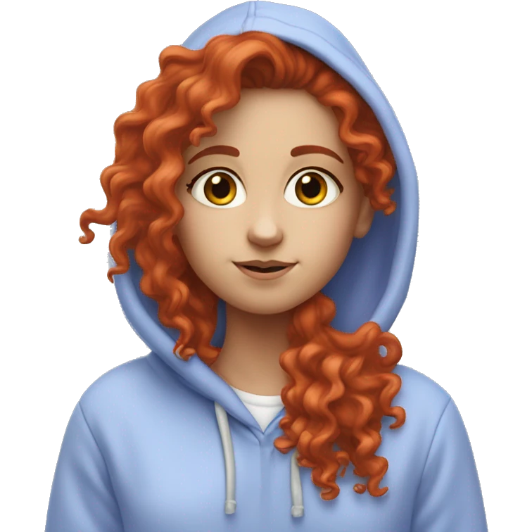 a white girl with long red curly hair, wearing a pastel periwinkle hoodie doing a pose emoji