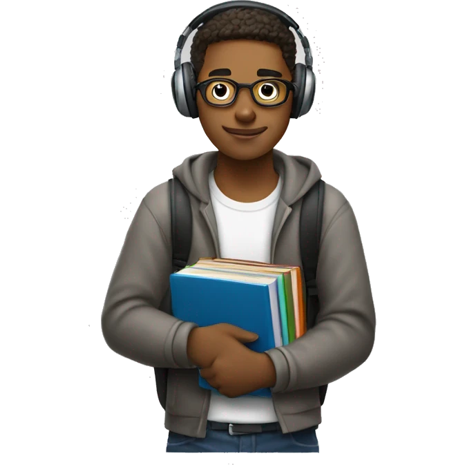 A university student holds books and textbooks in his left hand, headphones in his right hand

 emoji