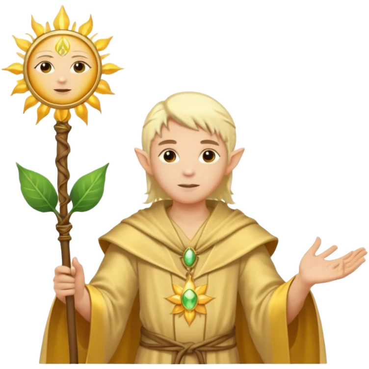 {
      "type": "human",
      "look": "light elf healer, golden robe, staff with leaf and sun motif",
      "description": "a light elf healer wearing a golden robe and holding a staff with leaf and sun symbols"
    } emoji
