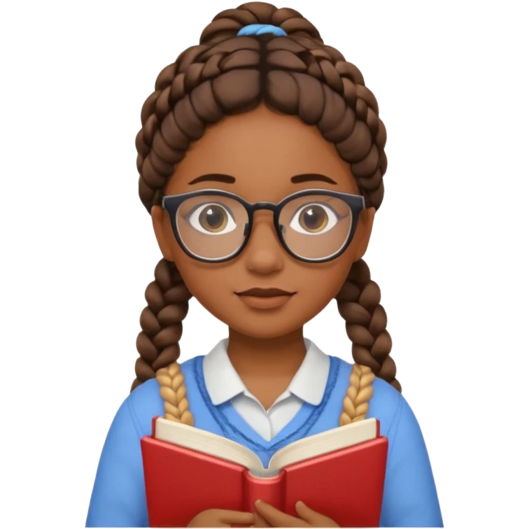 A student, girl, brown skin, braid hair, wearing glasses, hold book in front of their chest emoji