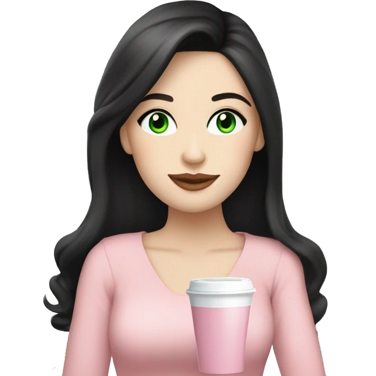 pretty woman with pale skin, very long black hair and green eyes and light pink outfit drinking a pink latte emoji