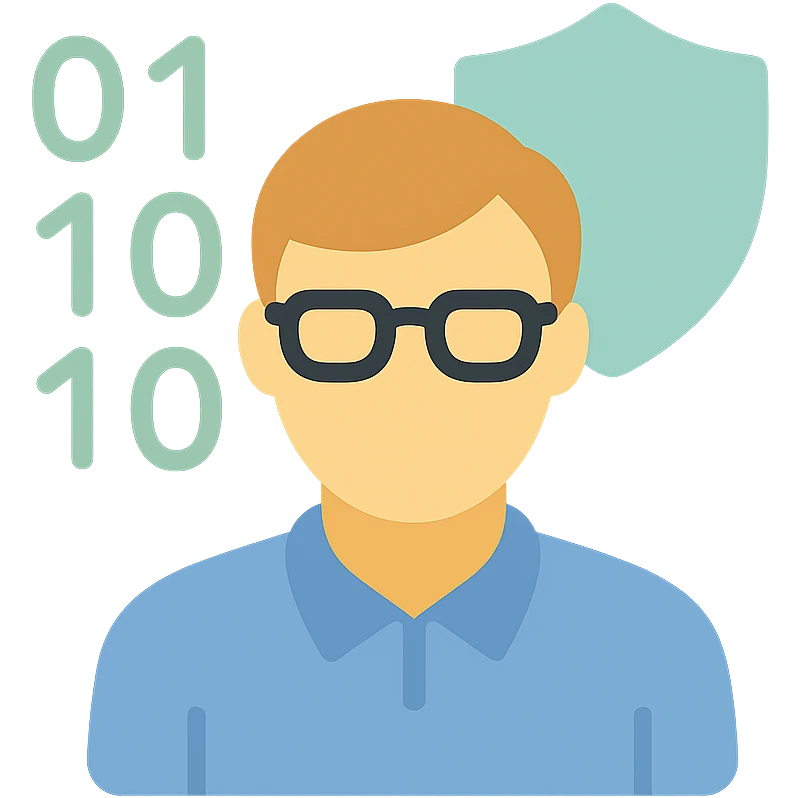 person with glasses in front of a shield and binary code, clean lines, professional, for a cybersecurity expert emoji
