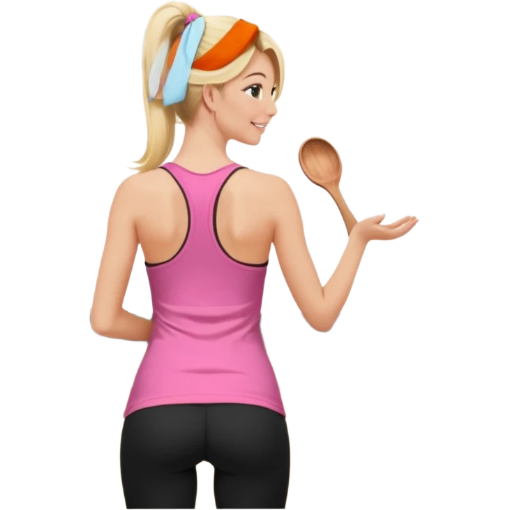 Render from knees up, view from the back, fair skinned woman, thin, long blond hair, cooking dinner in kitchen, pink loose tank top, showing natural B cup breast shape SFW, black yoga pants, perfect booty, looking back emoji