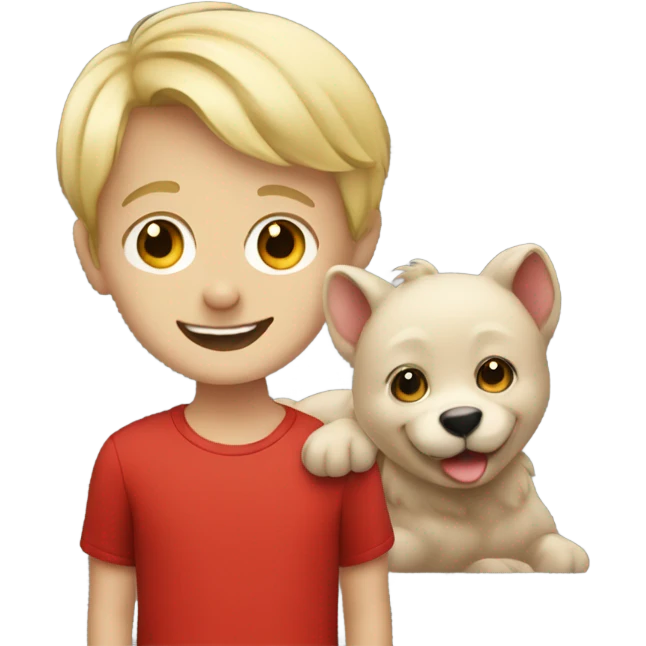 blonde boy smiling in red with a cute animal emoji
