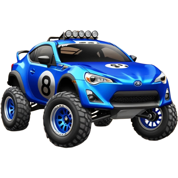 Dirty raced jacked 2013 scion fr-s ultramarine off road 4wd monster Baja dessert stadium racer number 86 with long travel suspension, shiny silver wheels, exaggerated black fender flares  emoji