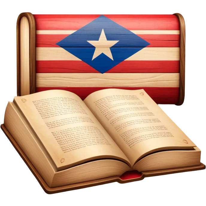 Timeless book with Puerto Rican flag design, theater stage symbol carved in wood, parchment and wooden textures, warm tones with a subtle glow, representing the history of scenic design emoji